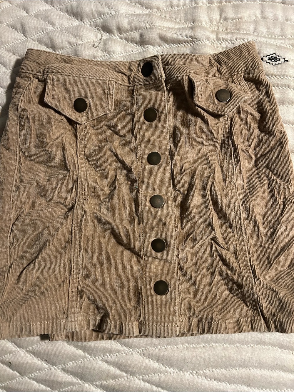 Blue Spice Button-Front Corduroy Mini Skirt in Beige